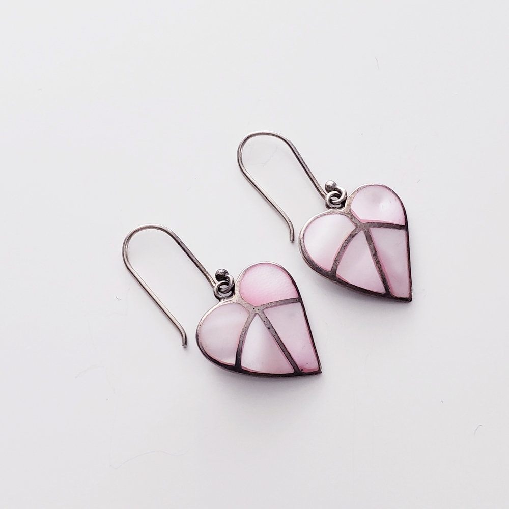 925 Thailand Silver Abalone Dainty Pink Dangly Heart Earrings